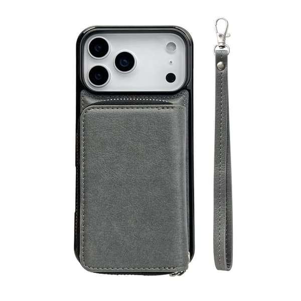 iPhone 17 Pro Max-deksel med snor og 11 kortspor - ensfarget design (F2) Grå