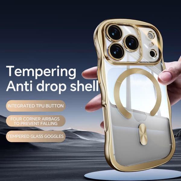 Magnetiskt telefonfodral, stöder trådlös laddning, stötsäkert kameraskydd, transparent skyddande galvaniserat stötfångarskydd, guldfärg.