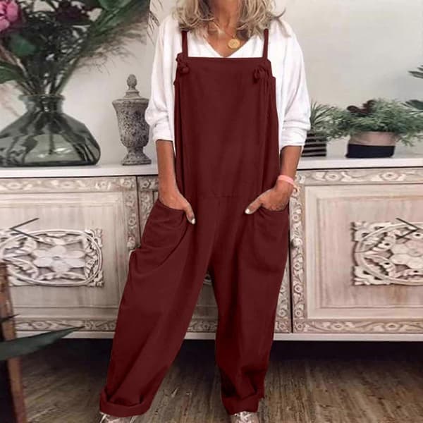 Afslappede løse overalls til kvinder, jumpsuit i bomuld og hør Wine M