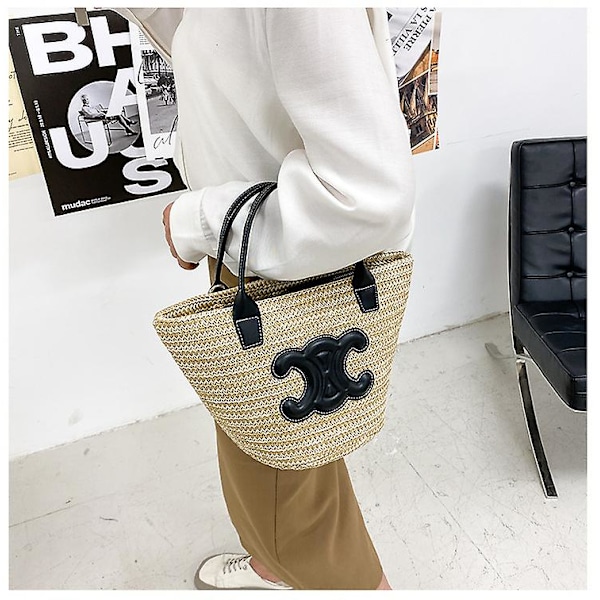 Stråtaske til kvinder, strandtaske til kvinder, rattan taske oversized strandtaske, sort