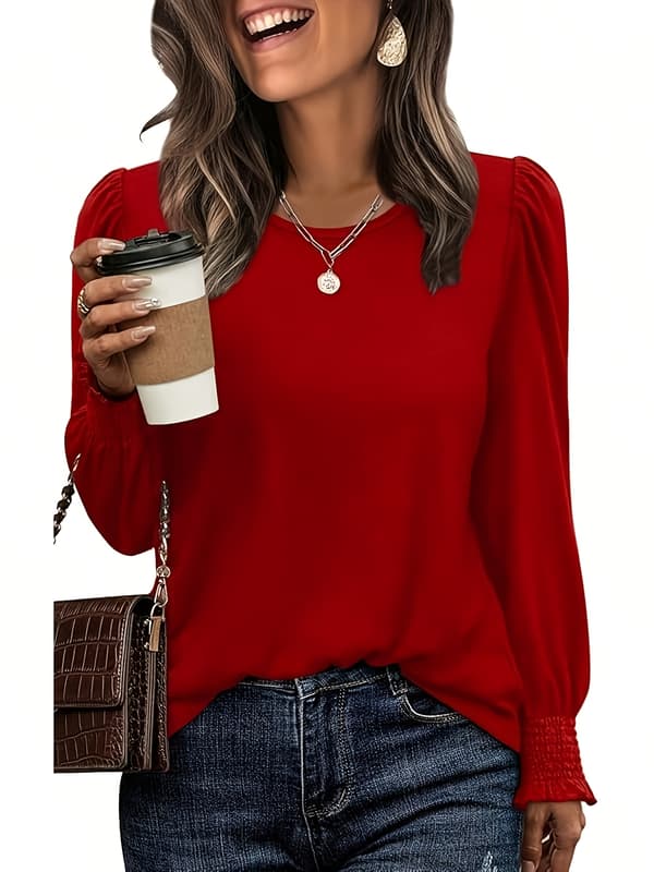 Dame Ruffled Cuff Skjorte Rund Hals Casual Puff Ærme T-shirt Efterår Mode Top Sæt Red+Green+Royal Blue S