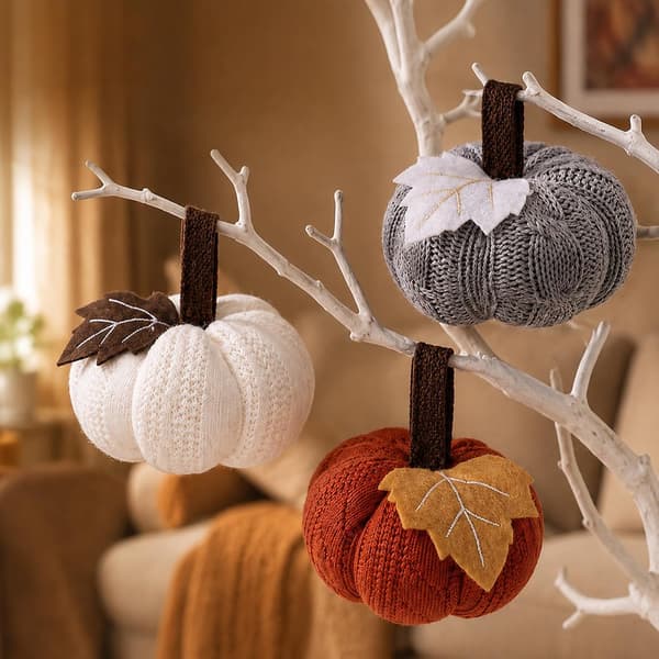 3-delt strikket græskarsæt, efterår Halloween kunstige ornamenter