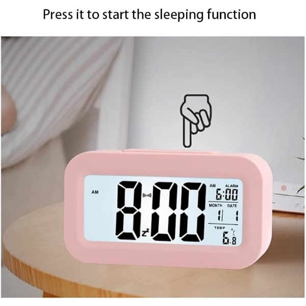 Digital väckarklocka med temperaturvisning, smart ljusstyrkesensor, rosa för hem och sovrum