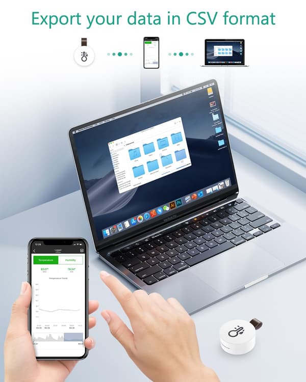 Trådlös termometer, mini Bluetooth 5.0 fuktighetssensor, stöder dataexport och varningar för iOS och Android, lämplig för hem, etc.
