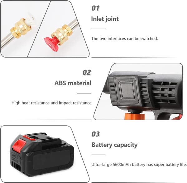 Högtryckstvätt Batteridriven Sladdlös Högtryckstvätt med 2 x 24V Batterier 5m Slang Högtryckspistol för Biltvätt Vattning