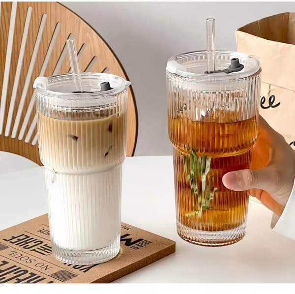 Glasmugg 600ml med lock och sugrör – Kaffe Juice Dricksglas Set Återanvändbar Dryckesmugg