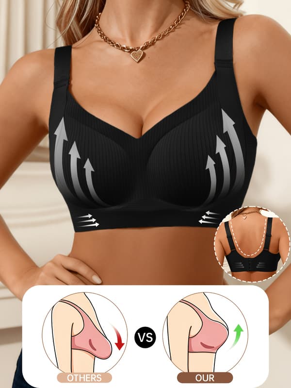 Dame BH med brede stropper, push-up, komfortabel, uten bøyle, uformell, ensfarget, pustende Black S
