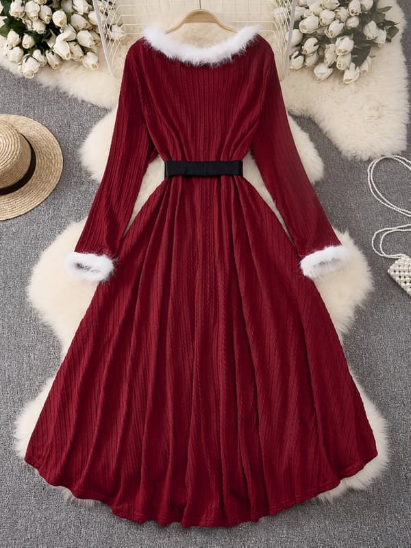 Plus Size Juleaften Swingkjole Langærmet V-hals Jacquard Trimmet med Bælte Burgundy 3XL