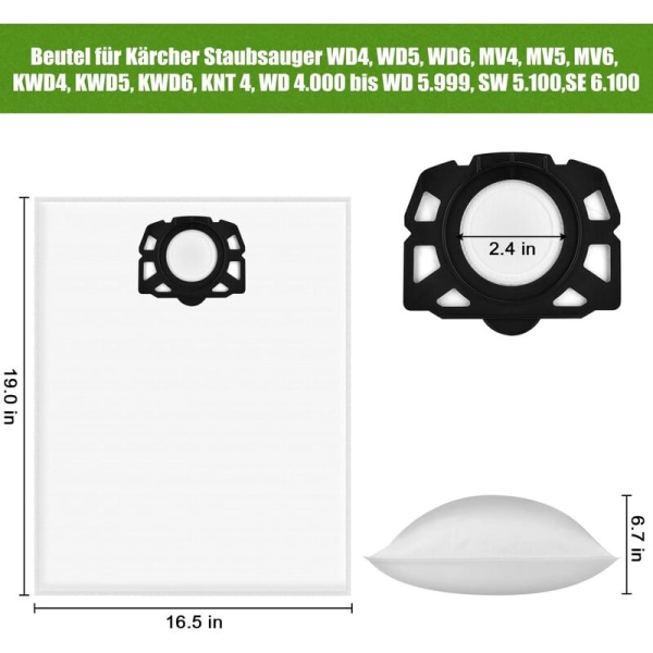 15 kappaletta kuitukangassuodatinpussia Kärcher 2.863-006.0 KFI 487 -vaihtopussit WD4 WD5 WD6 WD5P WD6P Premium MV4 MV5 MV6 -suodatinpussit