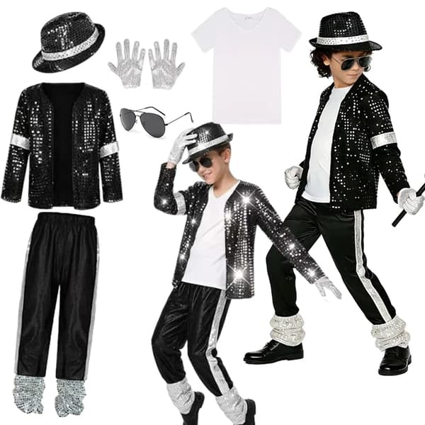 Michael Jackson Superstar-kostym för barn för Halloween, karneval, scenframträdande, dans och cosplay Set B 5-6T(120)
