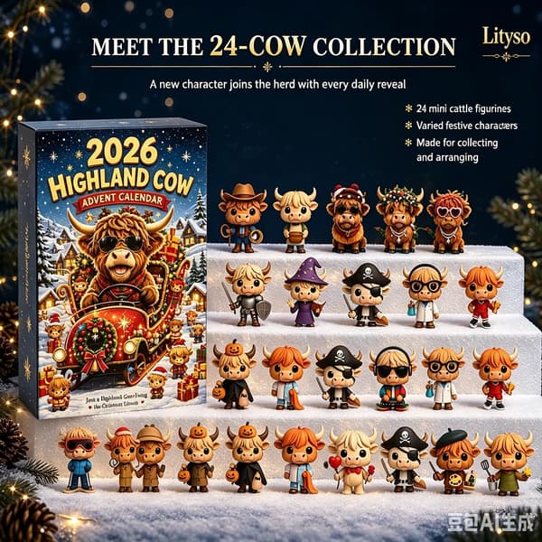 2026 Highland Ku Adventkalender 24 Dager 3D Julekalender Gave Gjenbrukbart Festivalpyntsett C 3D