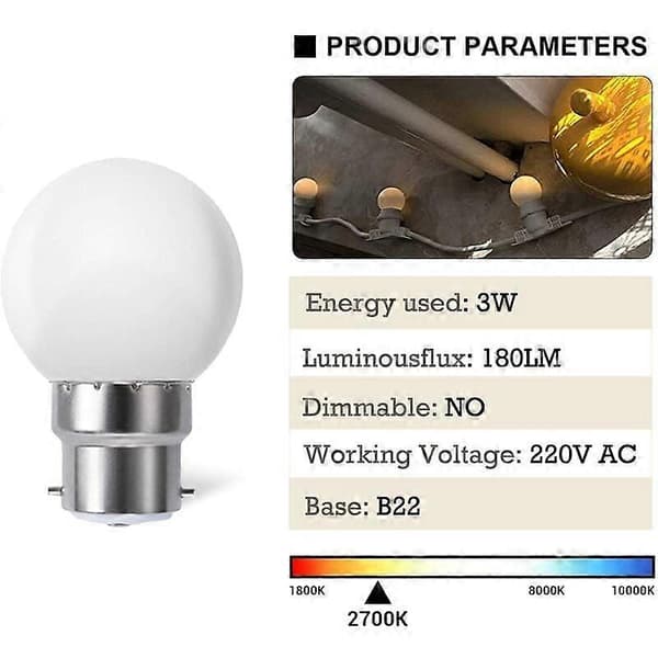 10-pack B22 G45 LED-lampor, Varmvit 3500K, 3W G45, 180lm, Matt polykarbonatöverdrag, Ej dimbar [Energiklass G]}F2{