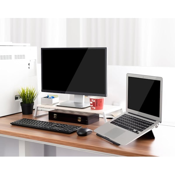 Multiskjermstativ med en solid 50,8 x 24 cm plattform og plassbesparende metallben med oppbevaring. white