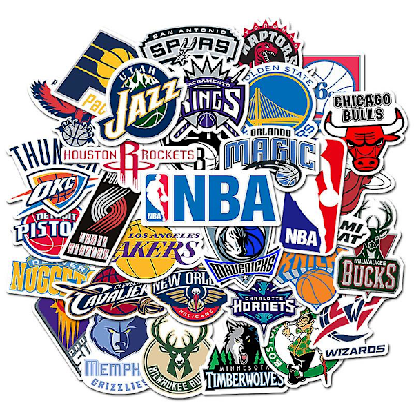 Sett med 32 NBA Basketball Association basketballklistremerker. Lakers, Chicago Bulls, Orlando Magic eller flere klistremerker