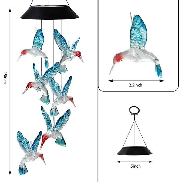 Aurinkokennoilla toimiva tuulikello, väriä vaihtava kolibri, vedenpitävä LED-aurinkolamppu{f2}