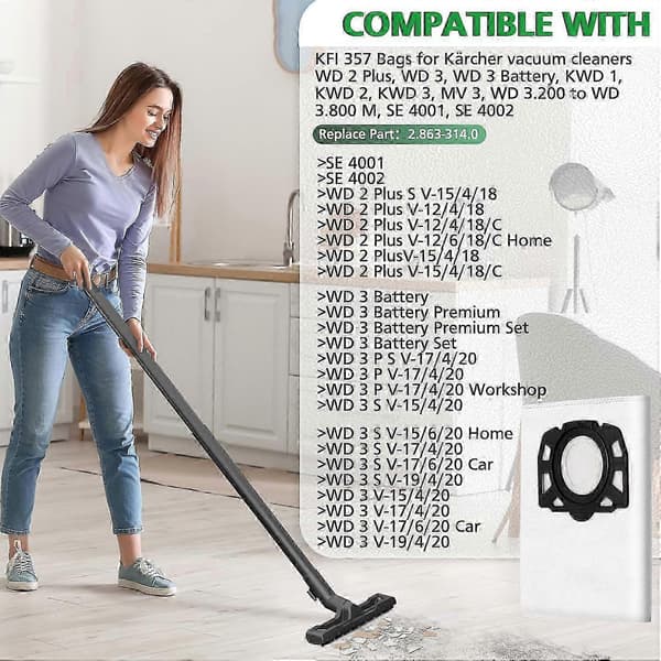 8-pack KFI 357 dammsugarpåsar kompatibla med Kärcher WD 2 Plus, WD 3, WD 3 Battery, KWD 1, KWD(f2)