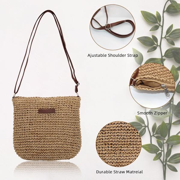 Halmväska för Kvinnor, Liten Crossbody-väska för Sommarstrand med Dragkedja och Justerbar Axelrem, Boho Vävd Handgjord Axelväska (Khaki) Khaki