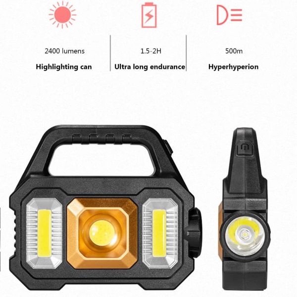 LED-lommelykt solcelledrevet, campinglampe batteri oppladbar med powerbank