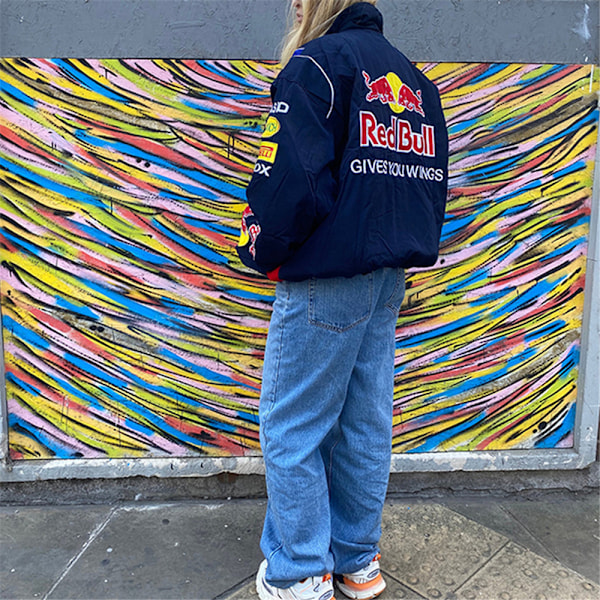 Red Bull Jakke Motorsykkelstil Fargeblokkert Trykt Casual Løs Langermet Vindjakke for Menn Kvinner S