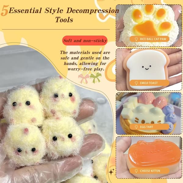 5-delt Squishy Sæt – Søde Stressaflastende Legetøj, Klemme Squishies, Anti-Stress Legetøj