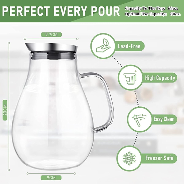 2 liters glaskaraffel med låg og hældetud, vandkaraffel, is-kande, til hjemmedrikke/iste/mælk/kaffe/servering af vin