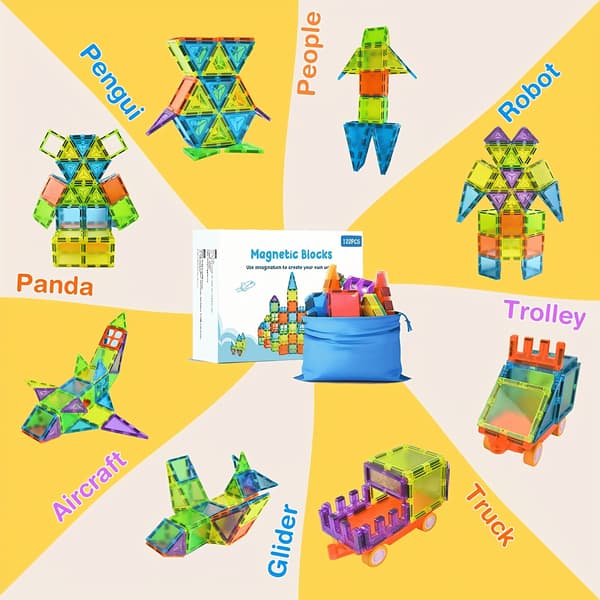 Magnetiske Byggeklodser 122 dele sæt til drenge og piger i alderen 3 til 8 år Inkluderer 2 legetøjsbiler 122PCS
