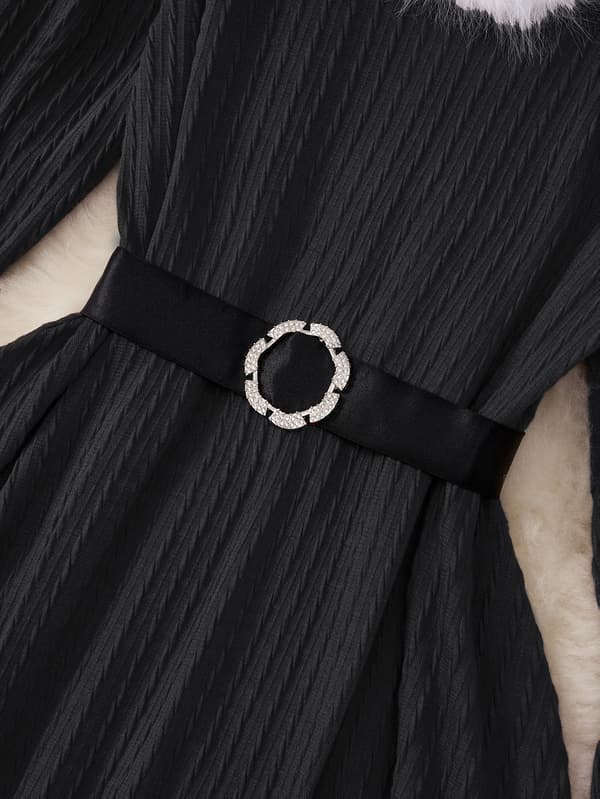 Plus Size Kvinder Juleaften Svingkjole Langærmet V-hals Jacquard Trimmet med Bælte Black 3XL