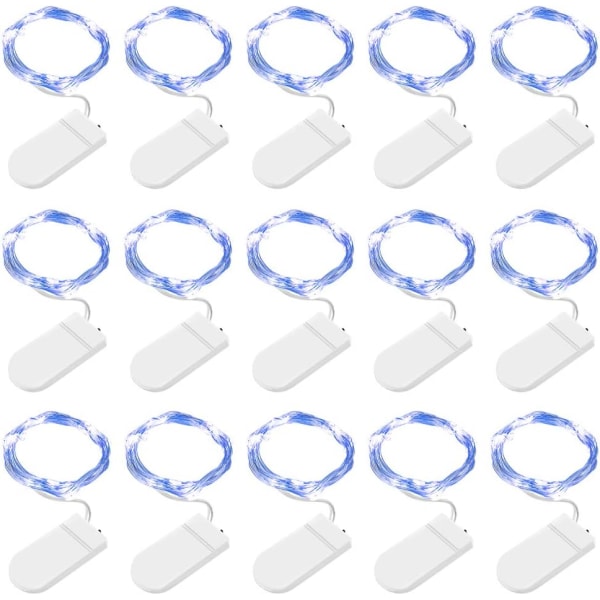 15-pack blå LED-slingor, 2M 20 LED-batteridrivna koppartrådsljus för julfödelsedag, bröllop, Halloween