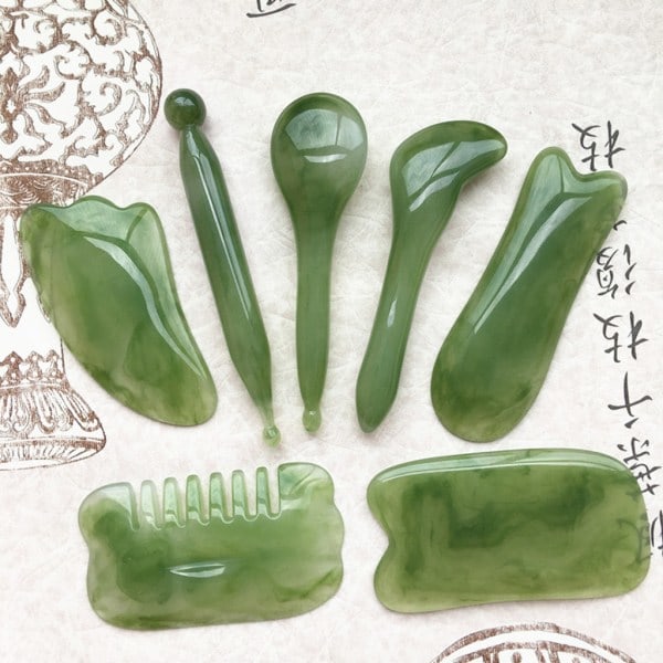 7-osainen Gua Sha -setti, hartsi Gua Sha -setti kasvojen ja niskan kipuun green
