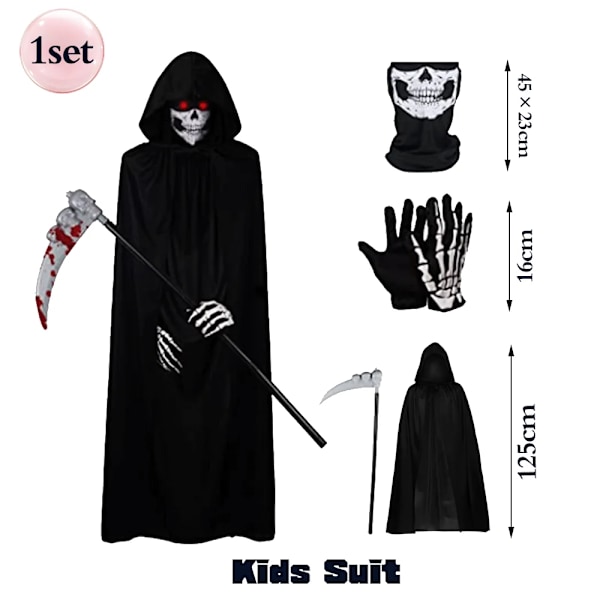 Uhyggelig Halloween Spøgelses Reaper Kostume Hætte Kappe Kranie Maske Handsker Lie Sæt Voksne Børn Gys Grim Reaper Halloween Dekoration Kids Suit