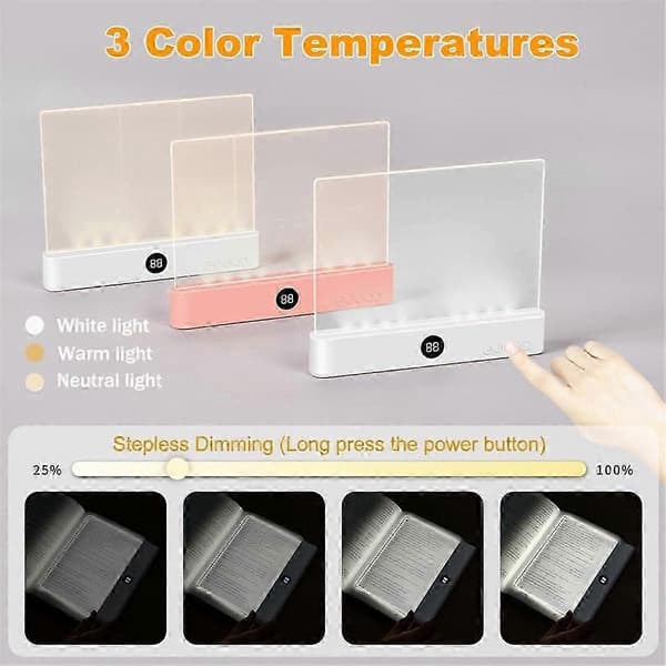 Boklys, oppladbart klart LED flatt leselys med 3 farger og timer, plate lampe bok full side