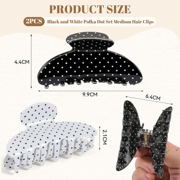 Hårklämmor, 2-pack starka klämmor för tjockt hår, återvunna håraccessoarer med prickigt mönster black+white