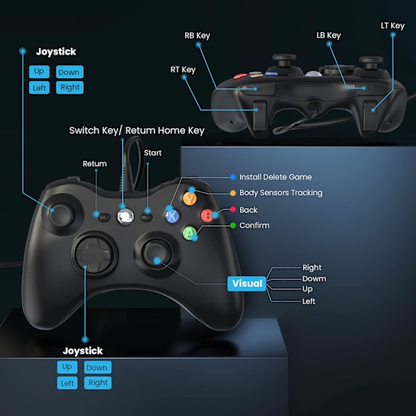 Kablet håndkontroller for Xbox 360, spillkontroller for 360 med doble vibrasjoner Turbo kompatibel med Xbox 360/360 Slim og PC Windows 7,8,10{EE} Black