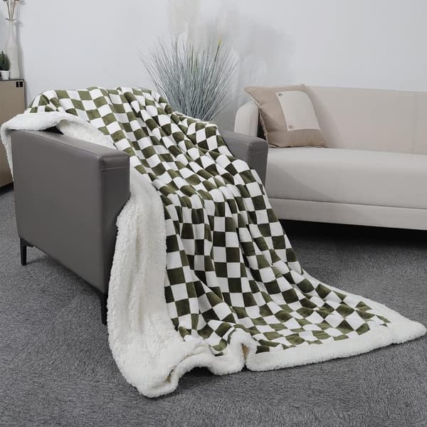 Plaid Fleece Tæppe Blød Flanel Grøn og Hvid Varm og{f2}