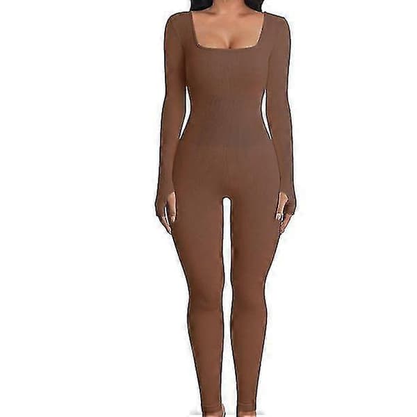 Träningsjumpsuits för kvinnor Ribbade Långärmade Sportjumpsuits Brown M