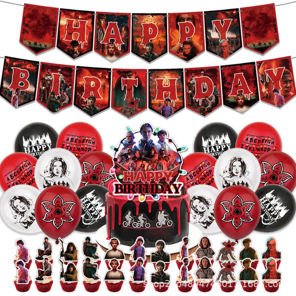 Stranger Things Sesong 5 Bursdagsfestdekorasjoner – Banner Kaketopper Ballongsett