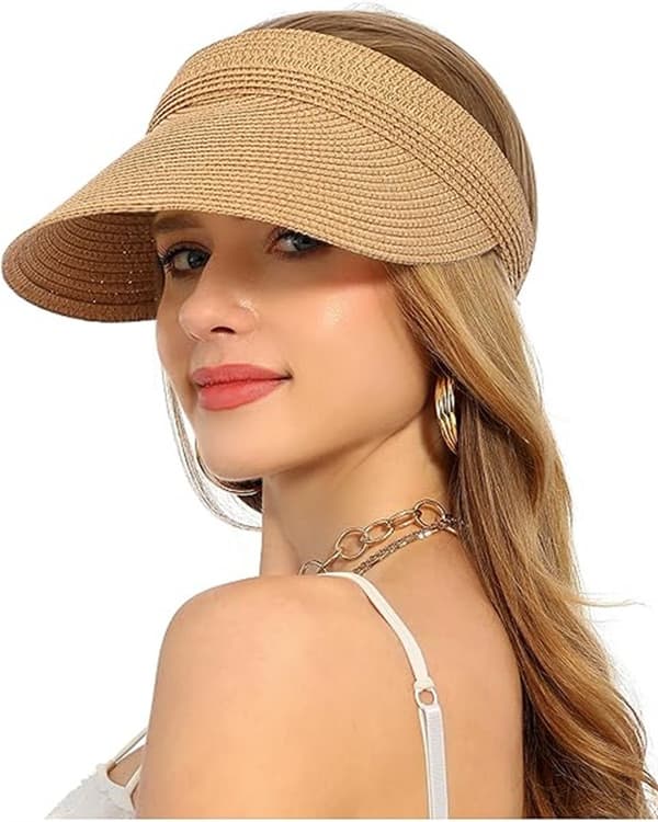 Solhatt Dam Strand Strå Solskärm Hatt Hästsvans Hål UV-skydd Bred Brätte Sommarhatt Vikbar för Resor Justerbar 54-59 cm