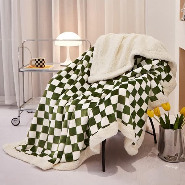 Plaid Fleece Tæppe Blød Flanel Grøn og Hvid Varm og{f2}