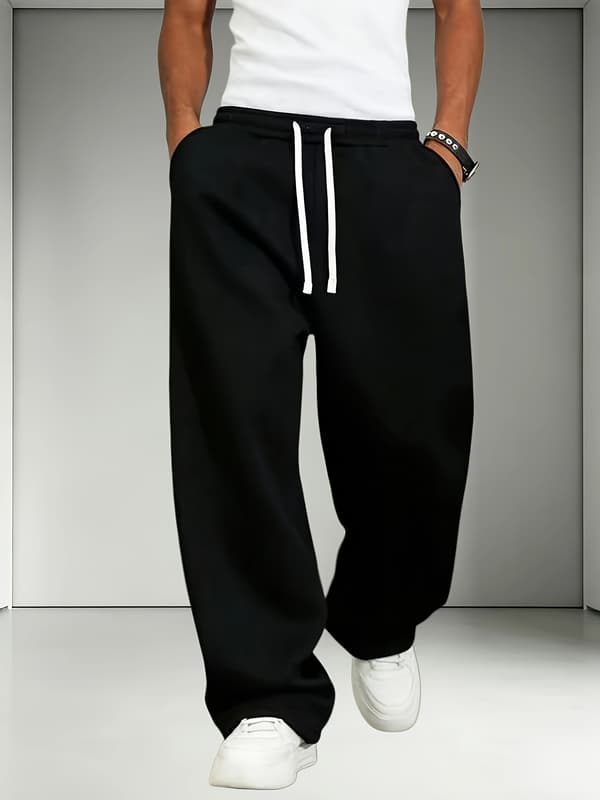 Joggebukser for menn med elastisk liv og snøring, løs rett passform, uformelle bukser, myk strikk, høst og vinter S Light Grey+Black