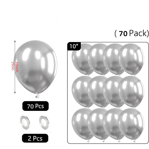 Silverballonger, 70 st 10 tum Metalliska Ballonger Silver Metallic Ba