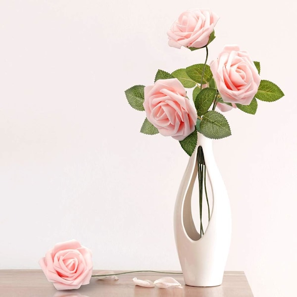 50 stk. Kunstige Roser, Dus Rosa Roser Ekte Touch Skum Fake Rose Bulk med Stilk for Bryllupsbuketter Bordpynt Brudedusj Fest Hjemme{F2}
