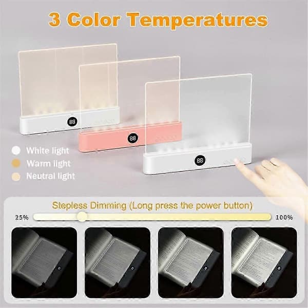Boklys, oppladbart klart LED flatt leselys med 3 farger og timer, plate lampe bok full side