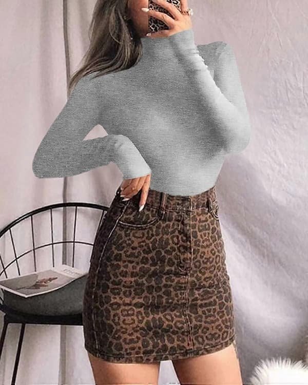 Langermet høyhalset bodysuit for kvinner Jumpsuit-topp Long Sleeve Light Heather Grey Medium