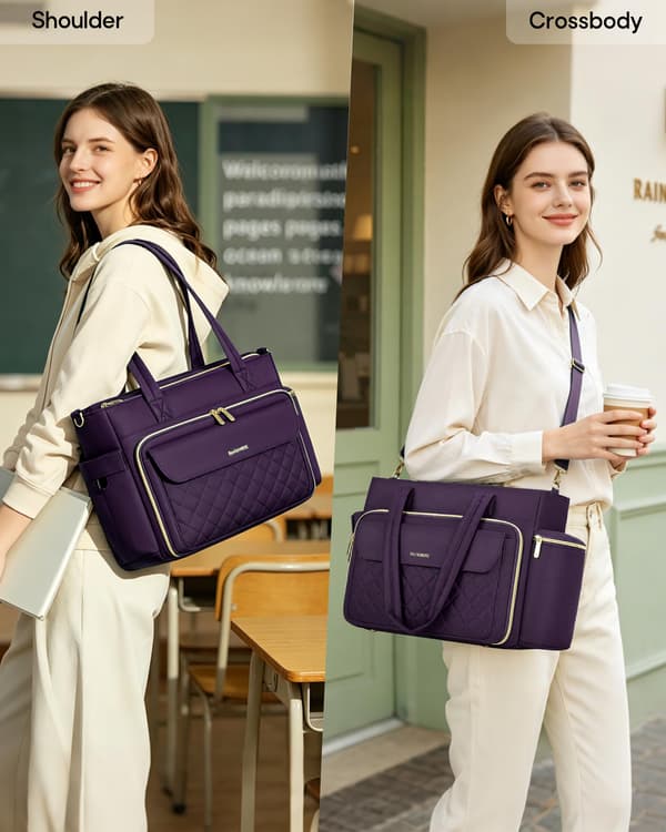 RAINSMORE Lærertaske til kvinder, 15.6\" Laptop Arbejdstaske, 40oz Krusholder{F2} Purple