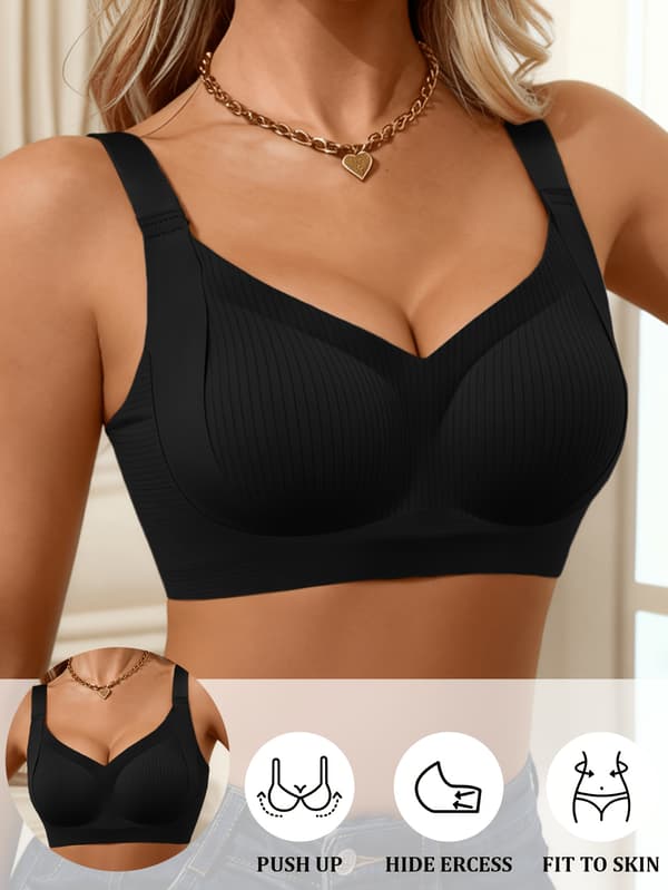 Dame BH med brede stropper, push-up, komfortabel, uten bøyle, uformell, ensfarget, pustende Black S