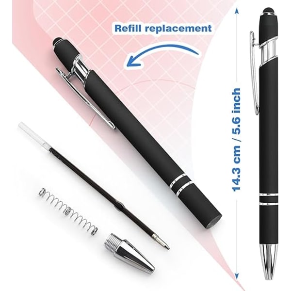 Bribobo 8 Pak Sort Kuglepen 2-i-1 Stylus - Udtrækkelig Metalpen Med Stylusspids til Touchskærme, 1,0 mm Sort Blæk