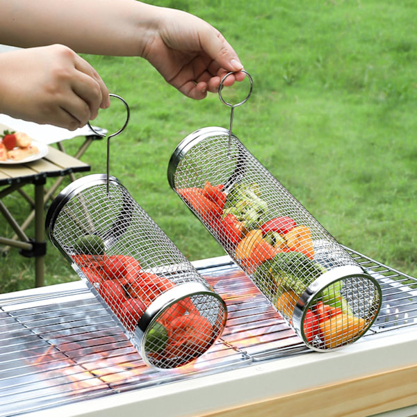 Ny 2024 Rullegrillkurv i Rustfrit Stål - Bærbar 12 tommer Grillværktøj til Udendørs Madlavning. Non-Stick Grøntsagsgrillkurv. 30x9cm