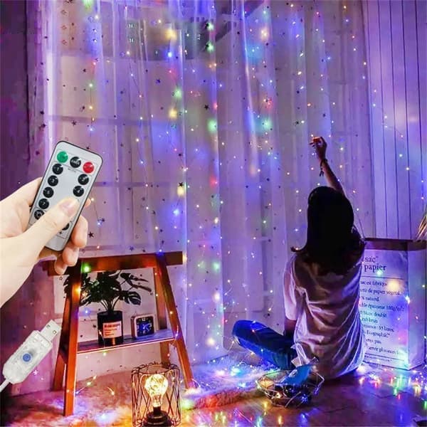 USB-gardinlys - 8 lysmoduser LED-lyslenke for jul, Halloween, nyttår, bryllup, fest, hjem og hageinnredning Blue Light 3x2M 200LEDs