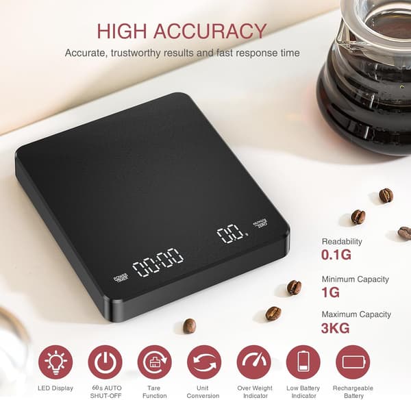 Elektronisk kaffevægt (med timer), 3 kg/0,1 g nøjagtighed, velegnet til drypkaffebrygning osv.