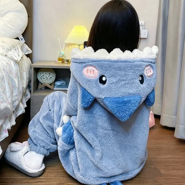 Förtjockad Vinterpyjamas Onesie Korallfleece Hooded Sovkläder för Flickor och Män Hemmakläder Utomhus Bärbar Tecknad Tryck Blue S